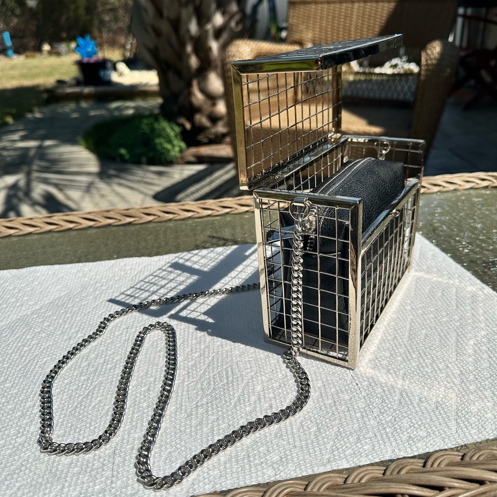 Silver and Black Cage Clutch with Chain - Picture 5 of 11